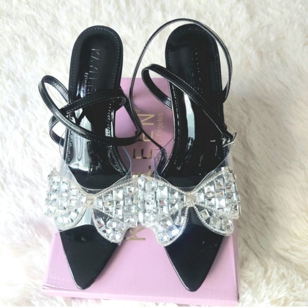 Kayleen LA Rhinestone Bow Heels Black Pointed Toe Slingback Sandals Size 7.5 NIB